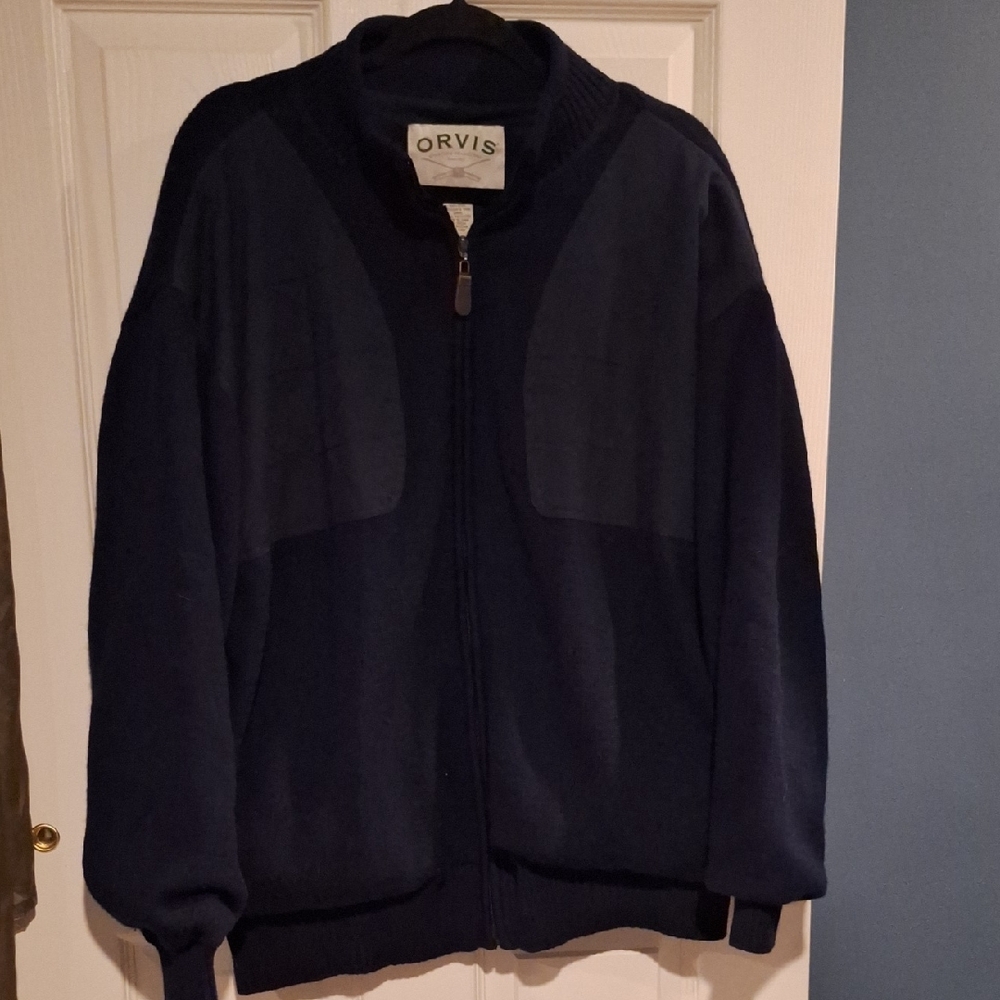 Orvis Dark Navy Blue Zip-Up Wool Bomber Jacket XL